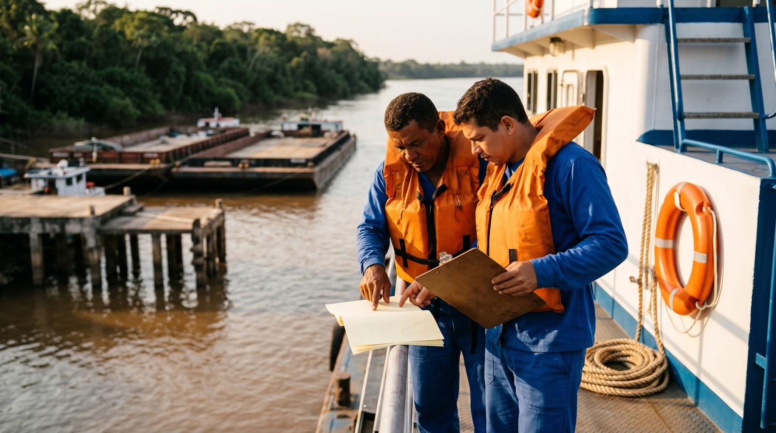 Dois tripulantes de colete salva-vidas laranja conferem documentos apoiados na amurada de um empurrador fluvial, com balsas atracadas e o rio ao fundo.