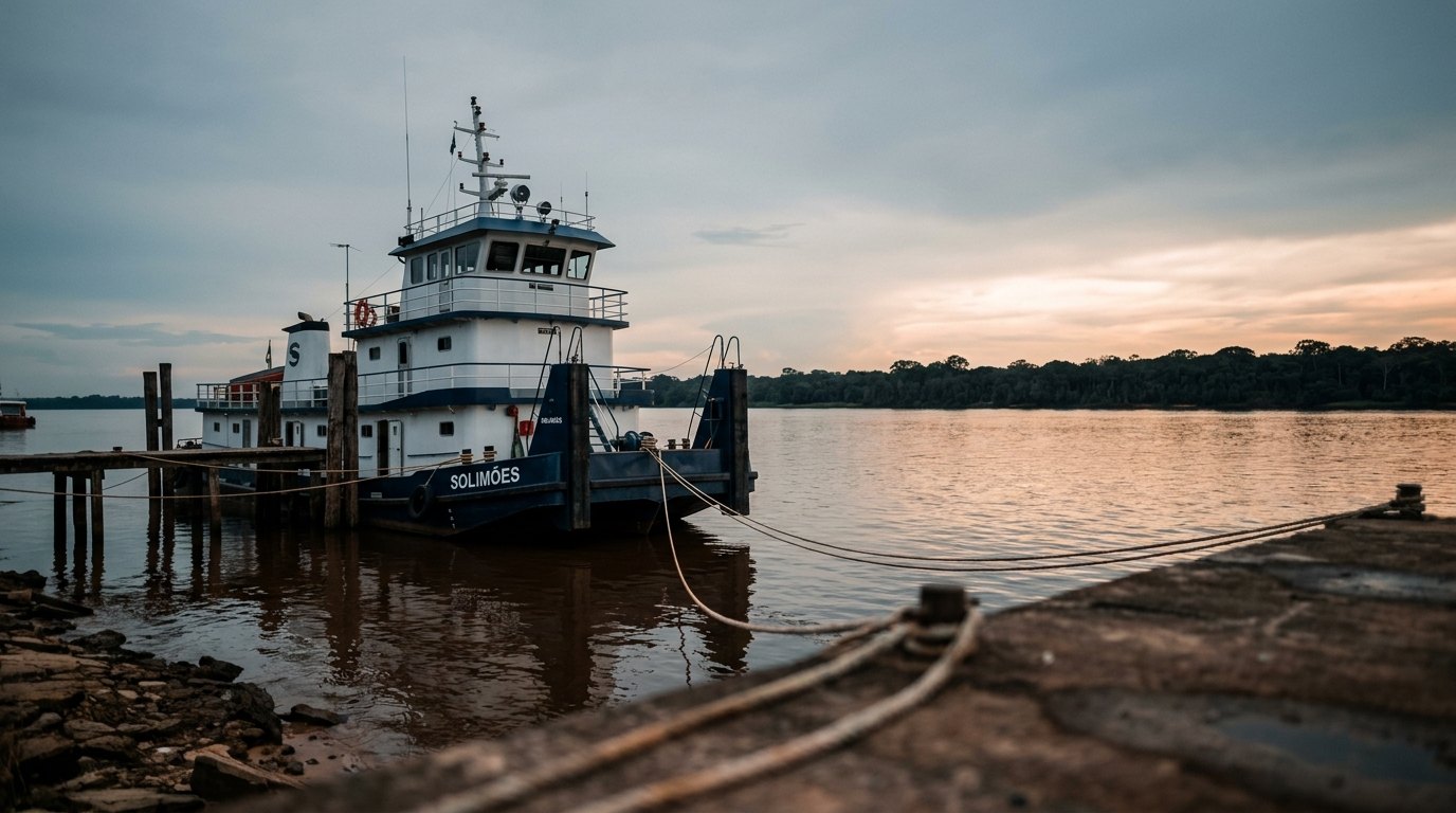 Empurrador fluvial bem conservado atracado sozinho ao entardecer em um porto de rio, com as amarras frouxas em primeiro plano e o cais vazio, sem tripulação nem movimento de carga.