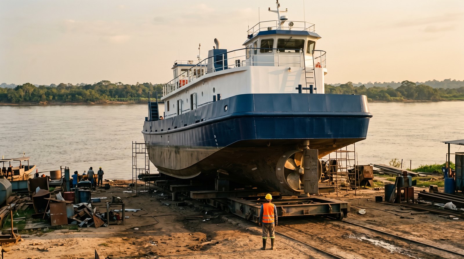 Empurrador fluvial içado em carreira num estaleiro à beira de rio amazônico, com o casco inteiramente fora da água mostrando hélice e leme, e um trabalhador de capacete ao lado dando escala.